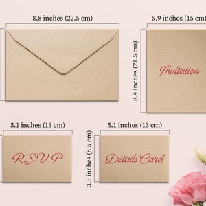 May include: A set of four kraft paper envelopes in various sizes, ideal for wedding invitations. The largest envelope measures 22.5 cm by 16 cm, and the smallest envelope measures 13 cm by 8.5 cm. The envelopes are labelled "Invitation", "RSVP", and "Details Card".
