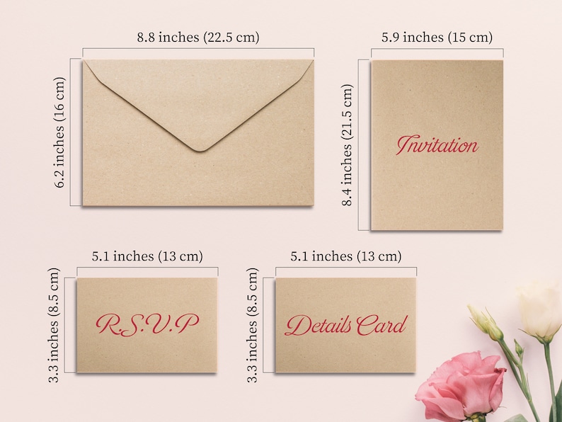 May include: A set of four kraft paper envelopes in various sizes, ideal for wedding invitations. The largest envelope measures 22.5 cm by 16 cm, and the smallest envelope measures 13 cm by 8.5 cm. The envelopes are labelled "Invitation", "RSVP", and "Details Card".