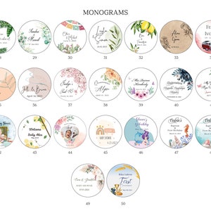 Pode incluir: Cinquenta adesivos redondos, coloridos e personalizados com v&aacute;rios designs e textos. Os adesivos apresentam padr&otilde;es florais, animais e geom&eacute;tricos. Alguns adesivos incluem nomes, datas e ocasi&otilde;es especiais como anivers&aacute;rios, batizados e ch&aacute;s de beb&ecirc;.