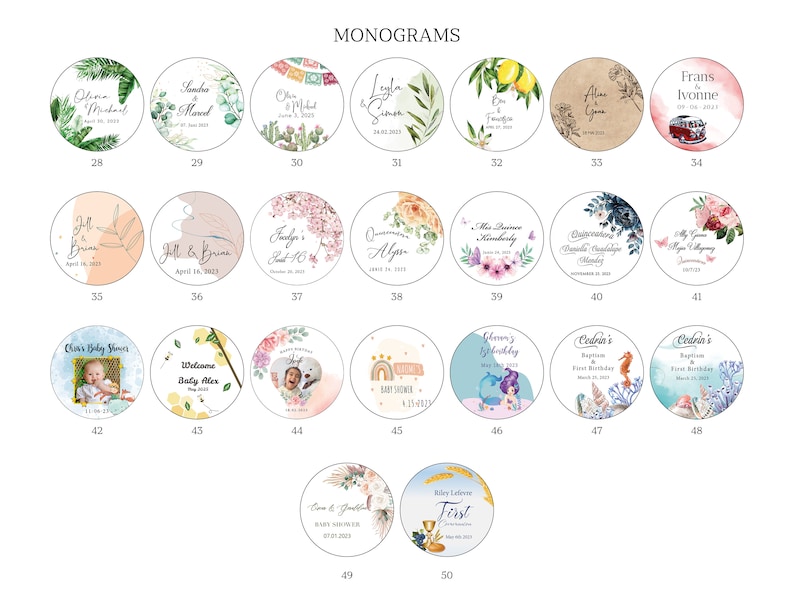 Pode incluir: Cinquenta adesivos redondos, coloridos e personalizados com v&aacute;rios designs e textos. Os adesivos apresentam padr&otilde;es florais, animais e geom&eacute;tricos. Alguns adesivos incluem nomes, datas e ocasi&otilde;es especiais como anivers&aacute;rios, batizados e ch&aacute;s de beb&ecirc;.