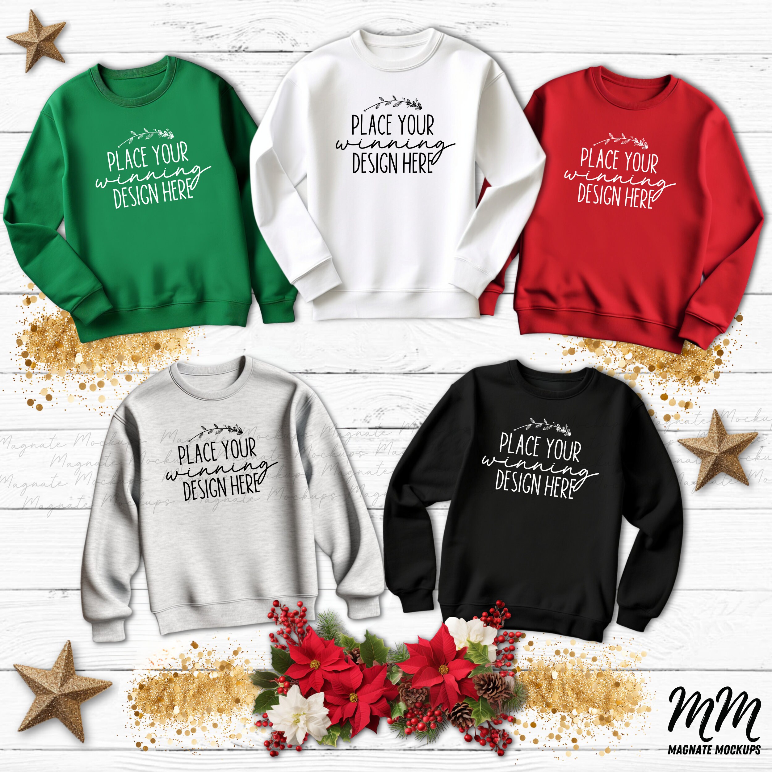 Group 5 sweatshirt Christmas mockup Gildan 18000 Xmas multiple red irish green sport grey white black mock-up flat lay sweater JPG Download