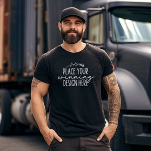 Herren Gildan 5000 schwarzes Hemd Trucker Mock-Up männliches Modell Tshirt Mockup blanko schwarzes T-Shirt Männer