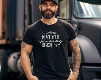 Black Gildan 5000 T-Shirt Mockup: Male Model, Trucker Style (AI Download)