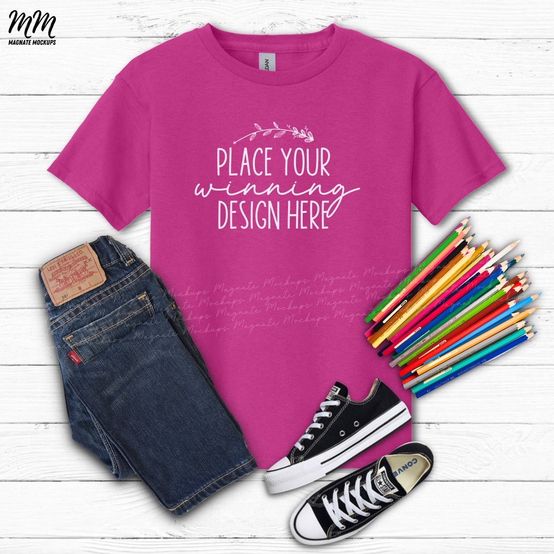 Heliconia Gildan 5000b Kids Shirt Mockup Pink Flat Lay Gildan Kids T ...