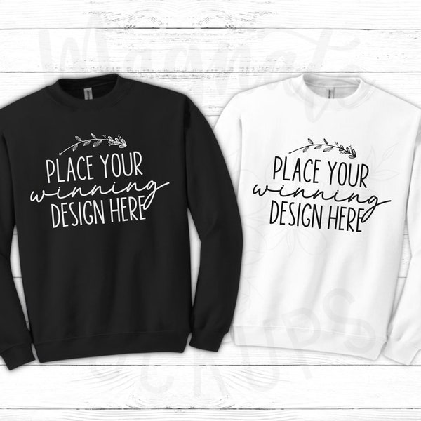 two Sweatshirt Mockup Black & White Gildan 18000 2 Sweater mock up Evergreen Couple Mockups Blank Sweatshirts Pair Jumper duo JPG Download