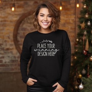 Maqueta de camiseta de manga larga negra Bella Canvas 3501, maqueta de camiseta femenina navideña, maqueta de camiseta navideña para mujer, maqueta de manga larga, maqueta JPG AI Descargar