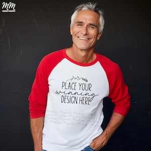 red & white bella canvas 3200 raglan shirt mockup older male 3200 baseball mockups shirt mature age men&#39;s raglan tee senior man JPG Download