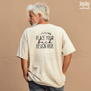 Sand Gildan 5000 shirt mockup back of shirt older age male t-shirt Grandpa beige senior men&#39;s mock up older man tshirt Mockups AI download