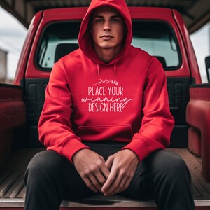 red Gildan 18500 hoodie mockup young male model red mens hoodies man truck ute red 18500 mockups hooded Gildan hoodies mockup AI download