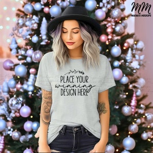 athletic heather bella canvas 3001 shirt mockup Christmas women&#39;s shirt mock up female 3001 xmas mockup ladies tshirt mock jpg AI download