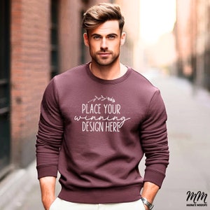 Heather sport dark maroon Gildan 18000 sweatshirt mockup Men&#39;s Male Mock-up Gildan man heather sport dark Jumper Sweater Mockup JPG Download