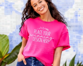 women's heliconia comfort colors 1717 mockup t-shirt C1717 pink shirt mock up female comfort color heliconia Mockups mock-up jpg download