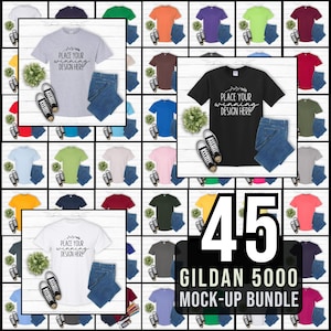Mockup bundle maglietta Gildan 5000 45 colori popolari bundle maglietta unisex mockup Gildan 5000 mockup vuoti flat lay Jpg essenziale da scaricare
