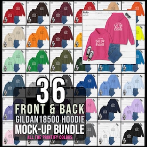 以下が含まれることがあります： さまざまな色の Gildan 18500 パーカーの正面と背面の 36 種類のモックアップ バンドルです。パーカーの正面には「Place your design here」というテキストが印刷されています。パーカーは、ジーンズとスニーカーを履いたモデルに着用されています。