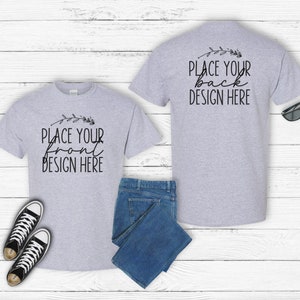 sport grey Gildan 5000 shirt mockup front & back unisex t-shirt tagless grey heavy cotton tshirt mockups Flat Lay blank tees AI download