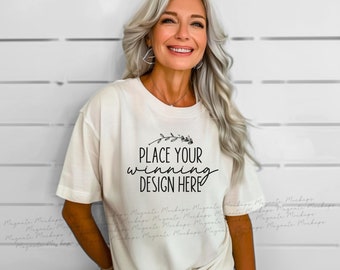 Ivory Comfort Colors 1717 Mockup: T-Shirt Mock Up, Mature Woman (AI Download)