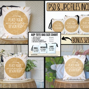 May include: Four tote bags with a white background and a gold circle with the text "Place your winning design here". The tote bags are shown in different sizes and are displayed on a wooden table and a white surface. The image also includes a size chart for the tote bags.