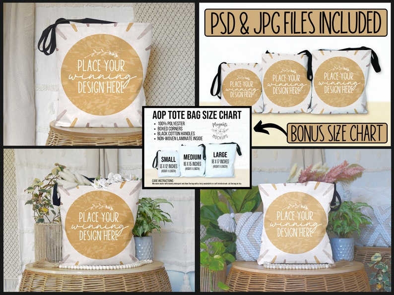 May include: Four tote bags with a white background and a gold circle with the text "Place your winning design here". The tote bags are shown in different sizes and are displayed on a wooden table and a white surface. The image also includes a size chart for the tote bags.