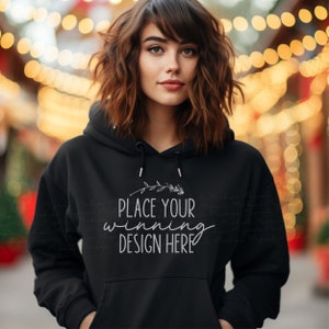 black Gildan 18500 hoodie mockup Christmas female model ladies hoodies mockup no tag black hoodie mockups women's xmas mock-up AI download