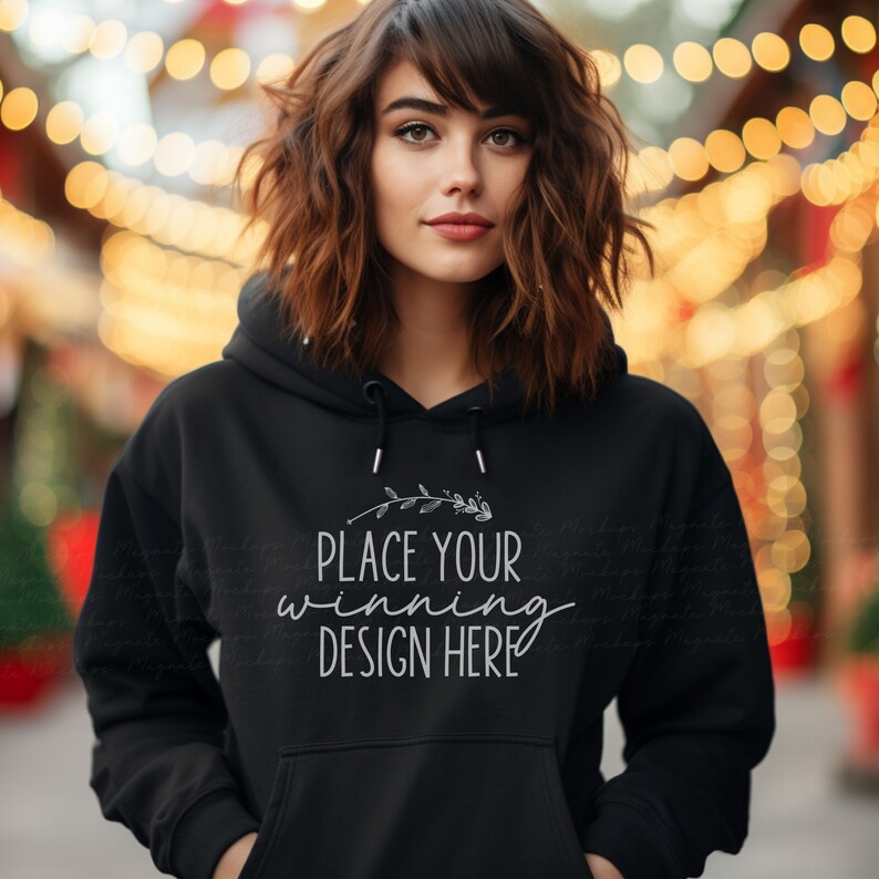 Black Gildan 18500 Hoodie Mockup: Female Model Christmas (AI jpg Download) image 1