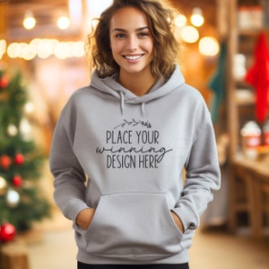 sport grey Gildan 18500 hoodie mockup Christmas women mock blank hoodies mockup gray hoodie model mockup female xmas mock-up AI jpg download