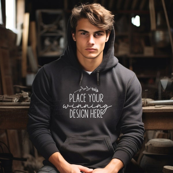 mens dark heather hoodie mockup Gildan 18500 handsome male model mock up blank hoodies mockup hoodie tool shed mockup mock-up jpg download