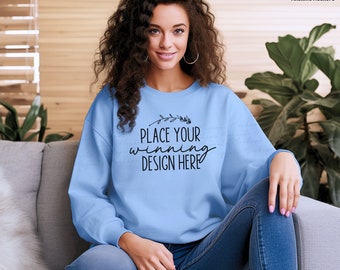 carolina blue sweatshirt mockup female Gildan 18000 mockups light blue Gildan 18000 sweatshirt women's mock up sweaters mock up jpg download