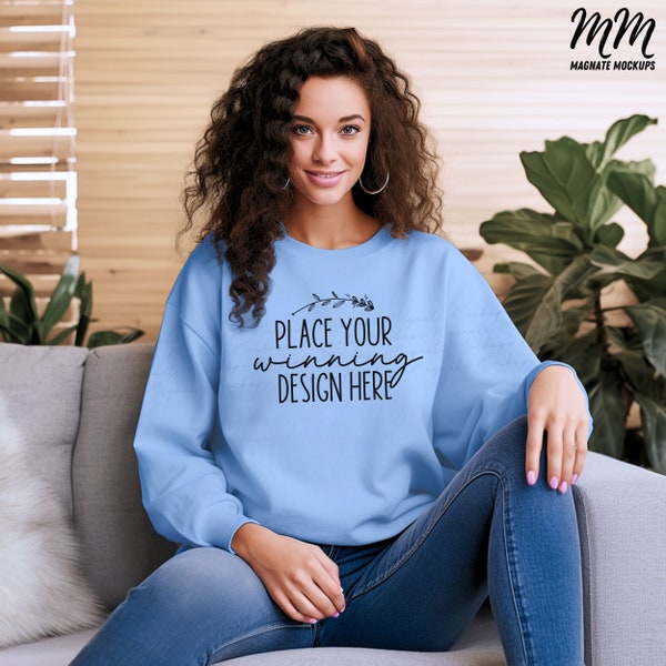 carolina blue sweatshirt mockup female Gildan 18000 mockups light blue Gildan 18000 sweatshirt women's mock up sweaters mock up jpg download