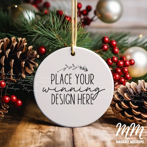 round christmas ornament mockup blank xmas ceramic ornament mock up circle gold ribbon Christmas mockup ornament Christmas mock JPG Download