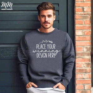Dark Heather Gildan 18000 Sweatshirt Mockup Men&#39;s dark heather Male jumper mock up handsome mens Gildan trendy man grey Sweater JPG Download
