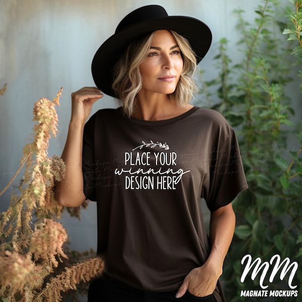 dark chocolate Gildan 64000 middle age women's mockup older ladies model shirt mock up grandma Gildan brown senior Mockups nan jpg download