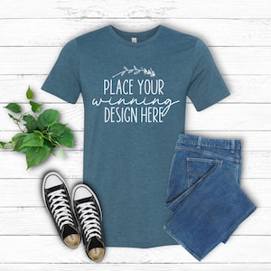 heather deep teal bella canvas 3001 mockup mens heather t-shirt mock up unisex teal 3001 shirt mockup flat lay mock tshirt AI jpg download