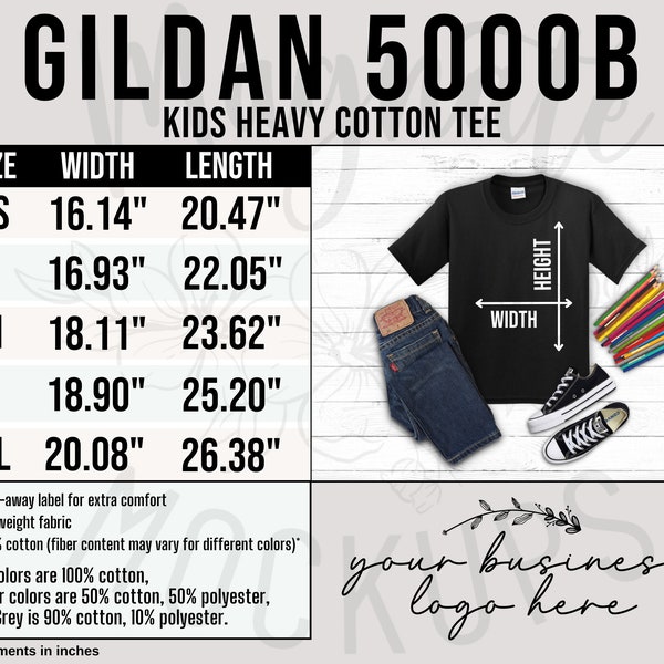 Gildan 5000b size chart kids heavy cotton tee measurements 5000B size chart Gildan youth shirt sizing charts tee mockup jpg digital download