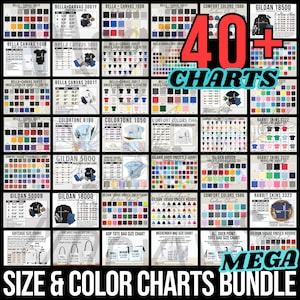 May include: A comprehensive chart bundle featuring over 40 size and color charts for various apparel items, including t-shirts, hoodies, and sweatshirts. The charts display a wide array of colors and size specifications for different brands and styles.