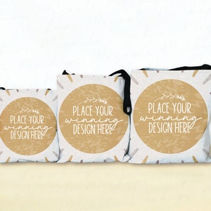 May include: Three tote bags with black handles and a white background. The bags have a brown circle with the text "PLACE YOUR WINNING DESIGN HERE" in white. The circles have a floral design in the top left corner.