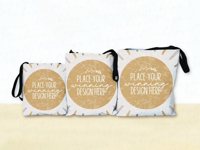 May include: Three tote bags with black handles and a white background. The bags have a brown circle with the text "PLACE YOUR WINNING DESIGN HERE" in white. The circles have a floral design in the top left corner.