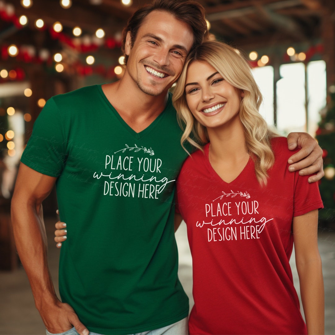 Couples 3005 Red & Kelly Vneck Christmas Tshirt Mockup Male Model V