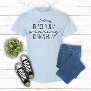 light blue Gildan 5000 t-shirt mockup unisex Gildan heavy cotton shirt mock up Flat Lay Gildan Shirts Mockups men&#39;s women&#39;s tee AI download