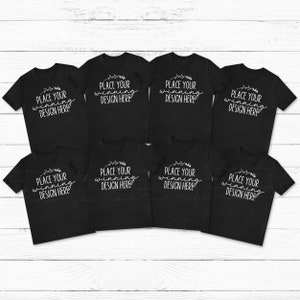 eight 8 black shirt mockup group tshirt mock up multiple black shirts mockup bridal bachelorette tee Bella Canvas 3001 t-shirt JPG Download