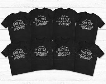 eight 8 black shirt mockup group tshirt mock up multiple black shirts mockup bridal bachelorette tee Bella Canvas 3001 t-shirt JPG Download