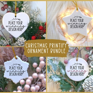 white ceramic ornament mockup bundle Christmas printify ornaments blank round star snowflake & heart 4 x Xmas ornament mockups AI download