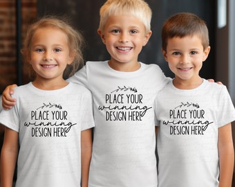 3 children white shirt mockup blank Gildan 5000b t-shirt siblings mockups G500B smiling kids white youth shirt childrens mockup jpg download