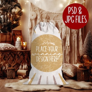 santa sack mockup PSD white sack Christmas sack mockups festive blank Xmas bag Printify Mock-up Drawstring smart object PSD JPG Download