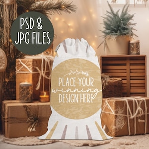 White sack mockup Christmas PSD printify santa sack mockups festive blank Xmas bag sacks Mock-up Drawstring smart object PSD JPG Download