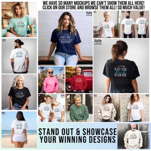 May include: A collection of t-shirt and sweatshirt mockups featuring various models wearing different styles and colors. The text "Place your winning design here" is displayed on several of the shirts.