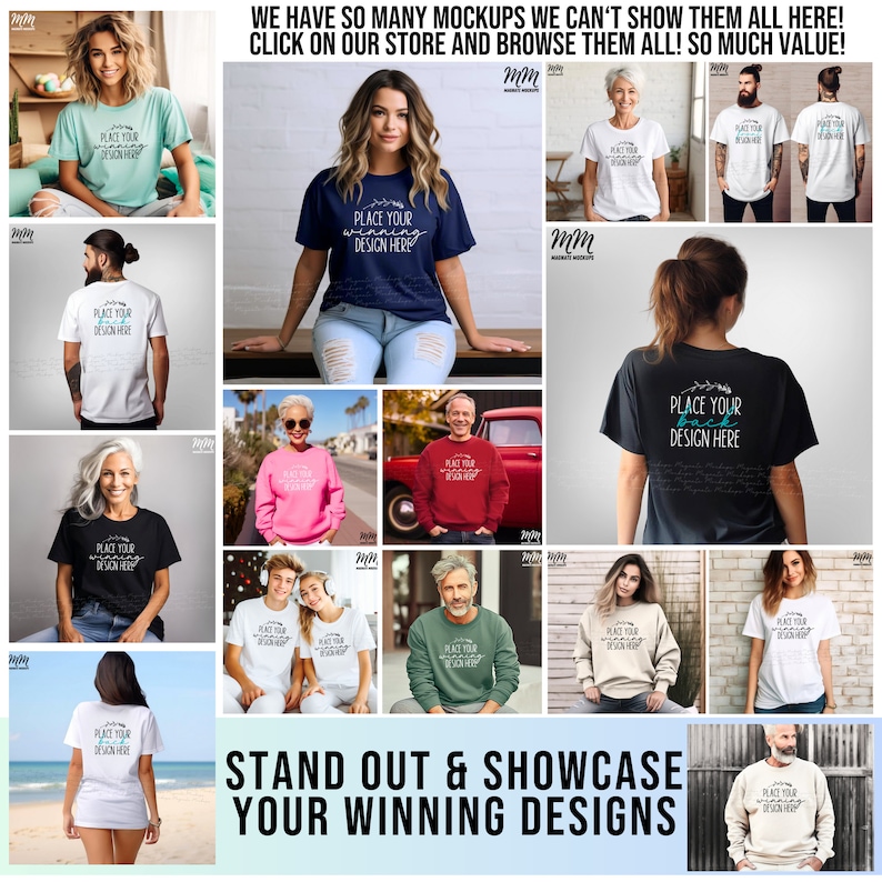 May include: A collection of t-shirt and sweatshirt mockups featuring various models wearing different styles and colors. The text "Place your winning design here" is displayed on several of the shirts.