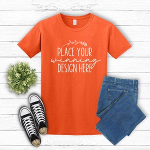 orange Gildan 5000 shirt mockup unisex t-shirt Gildan orange heavy cotton mock up Flat Lay Gildan Mockups men women&#39;s tshirt jpg AI download
