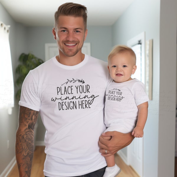 dad & baby white shirt mockup father toddler white t-shirt mockup father daughter dad son tee fathers day blank tee model mock jpg download