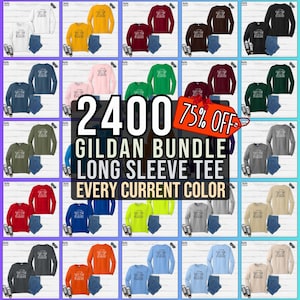 Gildan 2400 Langarm-T-Shirt Bundle Mockup 27 beliebte Farben Unisex T-Shirt Bundles Mock-Ups Gildan 2400 blanko flach liegend Mockups Jpg-Download