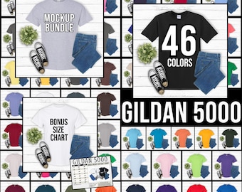 Gildan 5000 T-Shirt Mockup Bundle: 46 Unisex Colors + Bonus size chart (JPG Download)